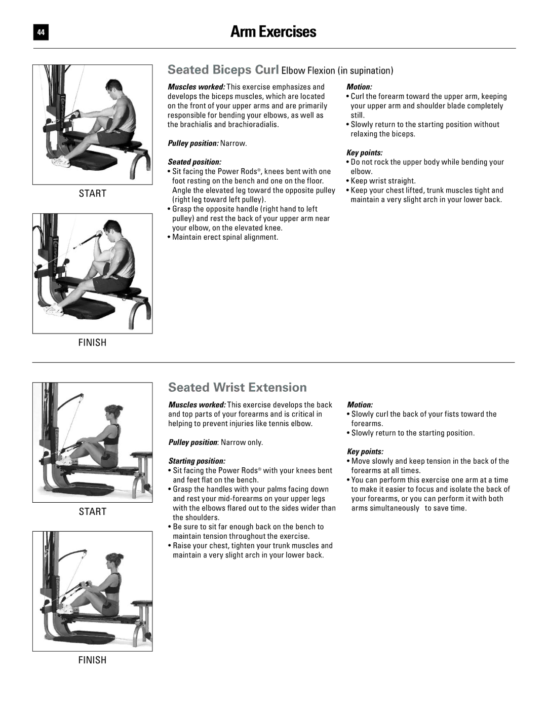 Bowflex 51370 manual Seated Wrist Extension, Seated Biceps Curl Elbow Flexion in supination, Seated position 